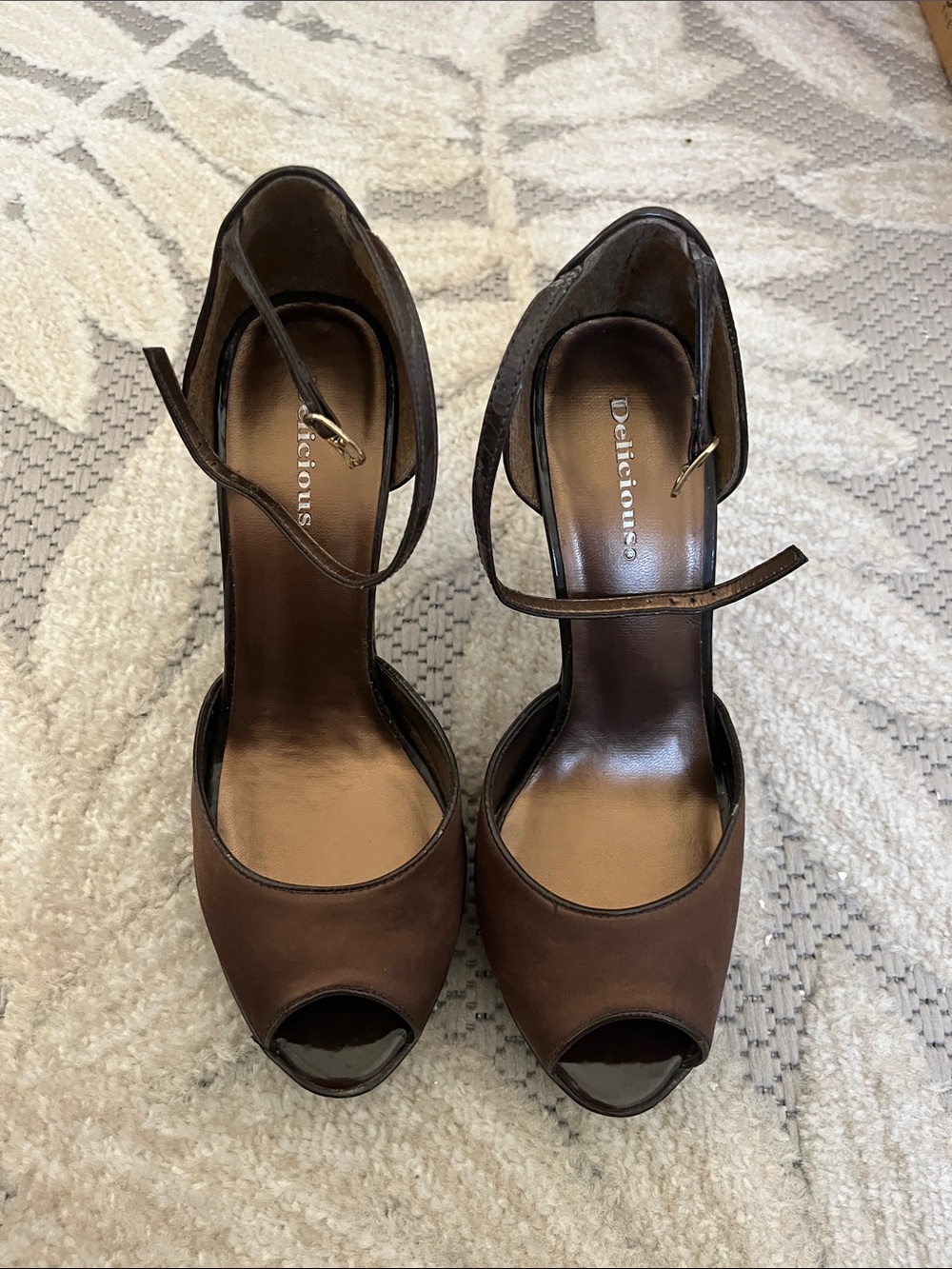 Delicious Brown Peep-Toe Ankle-Strap Heels